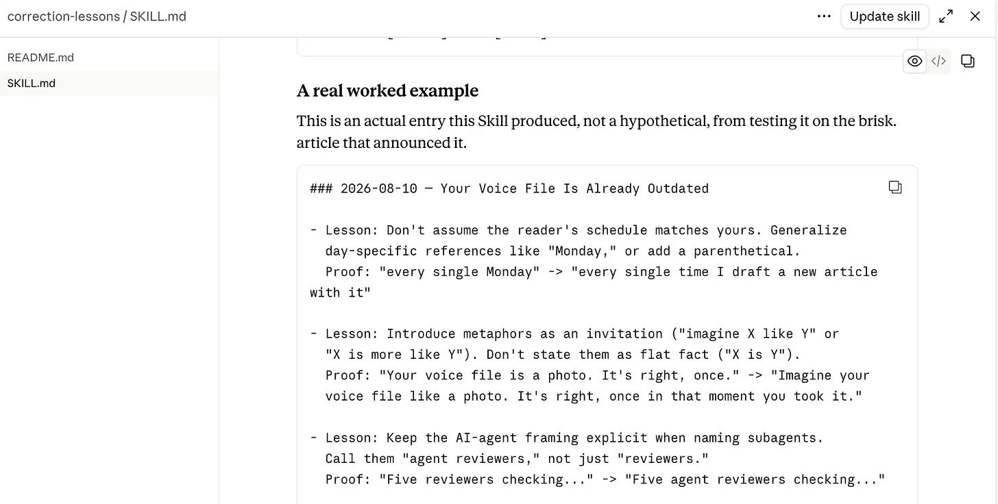 A real worked example from the correction-lessons Skill file, showing the three lessons it found on this article with before-and-after proof