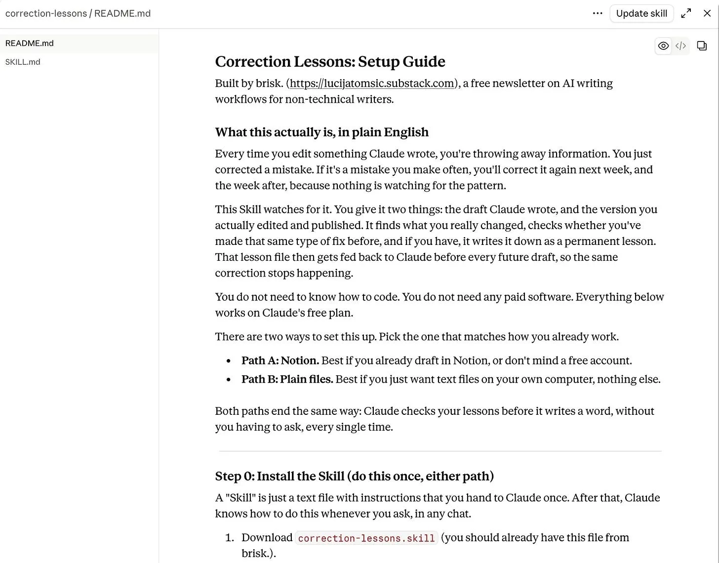 Setup guide screenshot showing Path A (Notion) and Path B (plain files), and Step 0: installing the correction-lessons Skill in Claude
