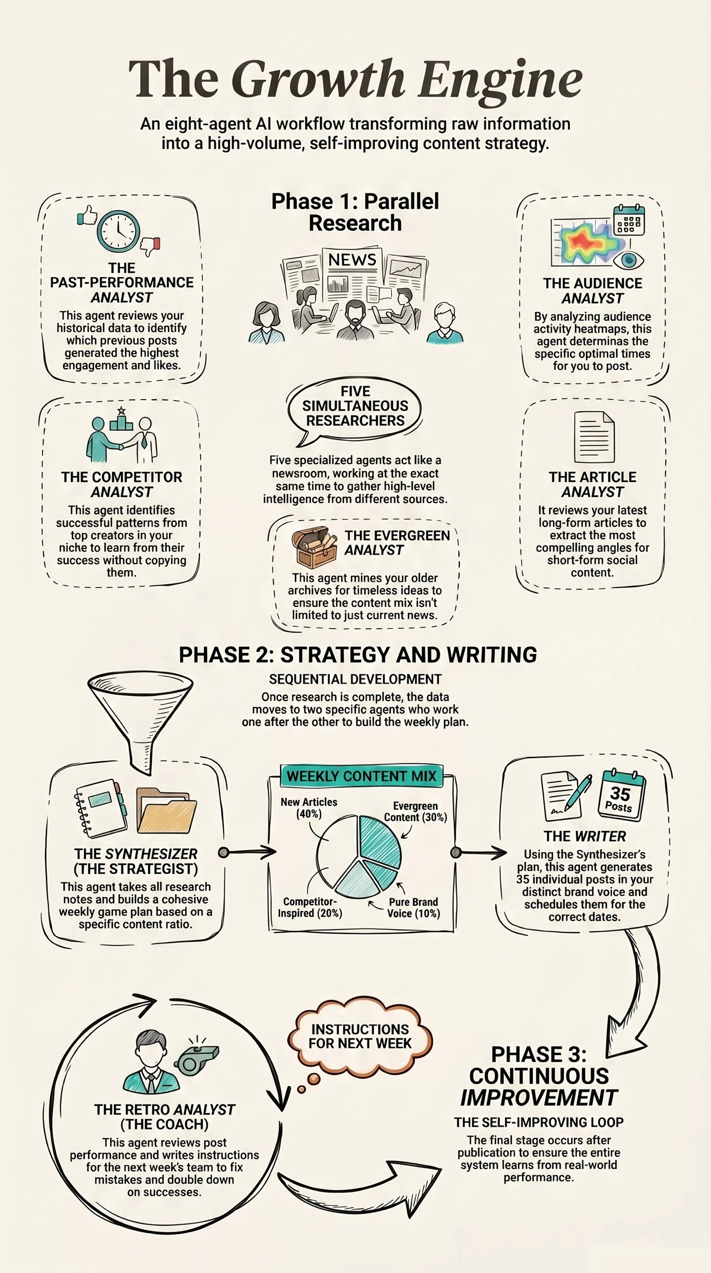 The Growth Engine: 8 AI agents across 3 phases - parallel research, strategy and writing, and continuous improvement